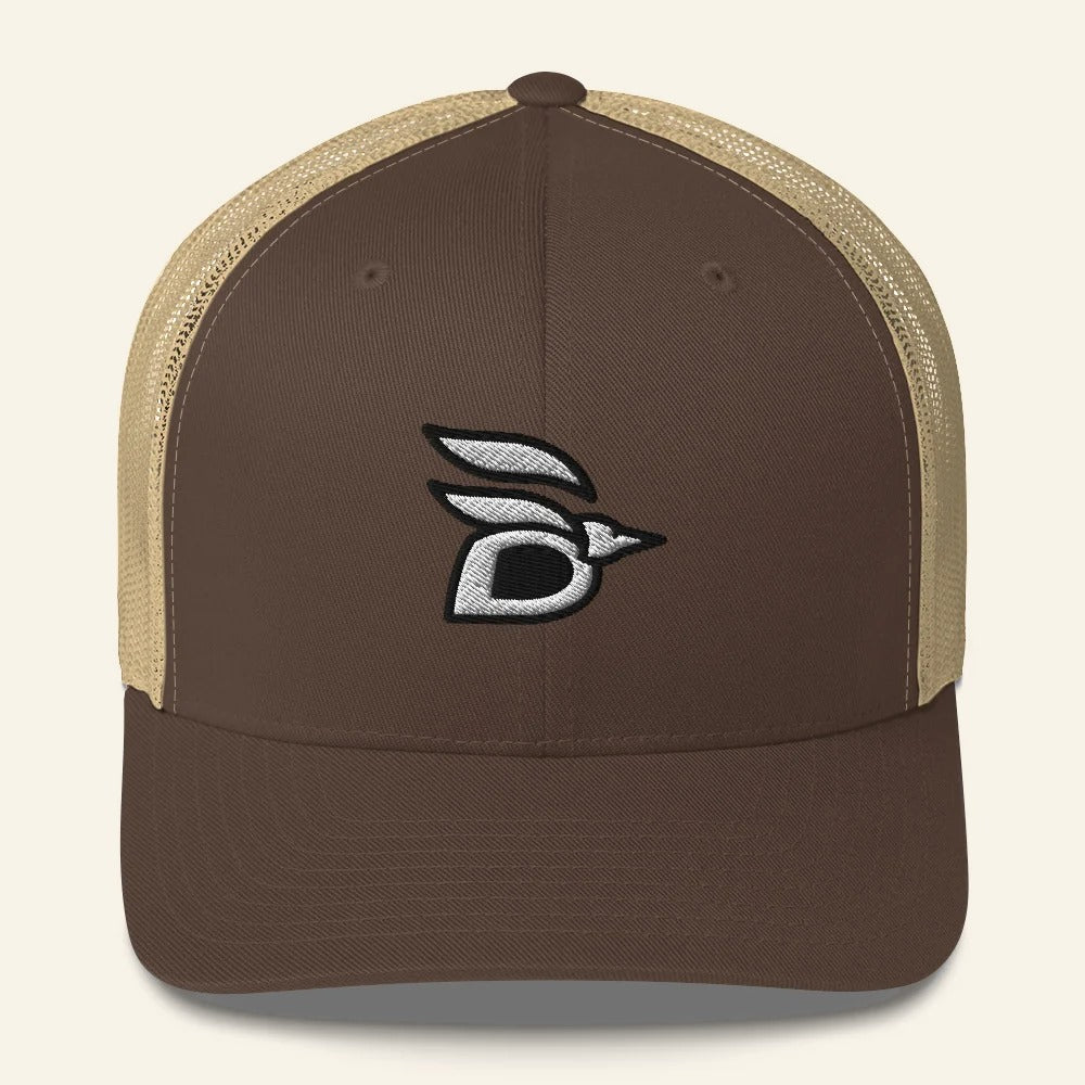 Birdline Logo Trucker Hat in Brown/Khaki, front view