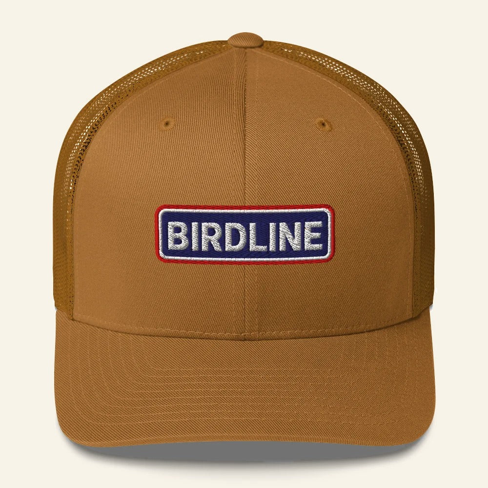 Birdline Heritage Bar Trucker Hat in Caramel, front view