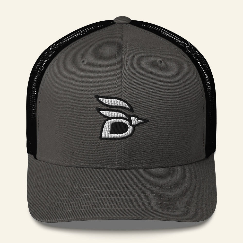 Birdline Logo Trucker Hat in Charcoal/Black, front view