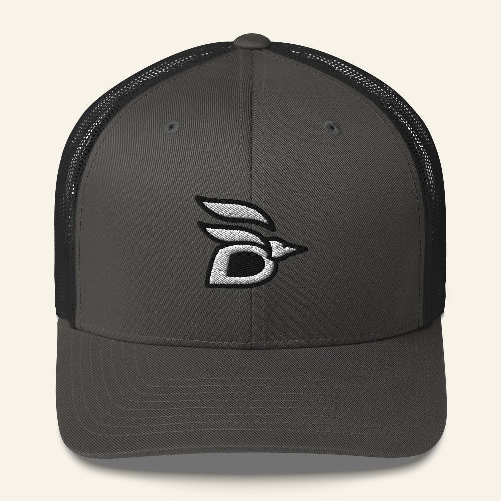 Birdline Logo Trucker Hat in Charcoal, front view