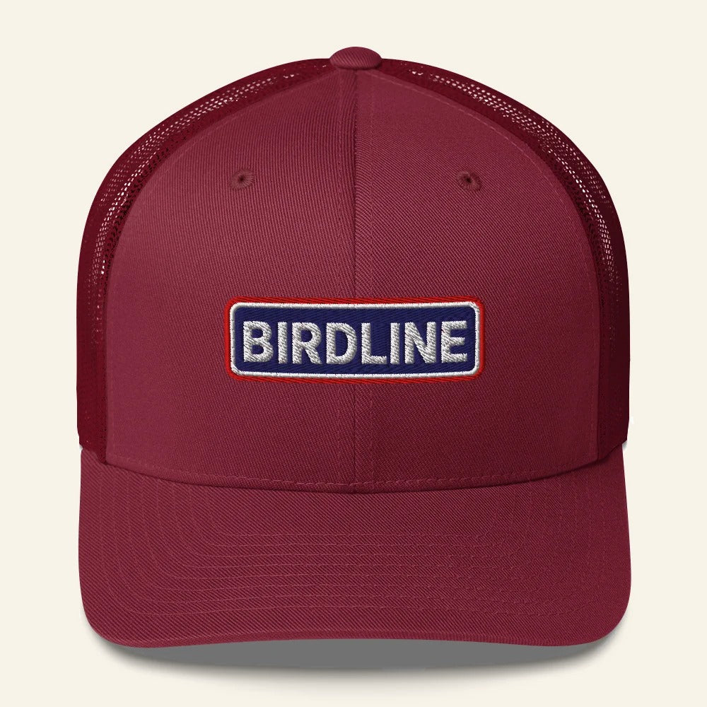Birdline Heritage Bar Trucker Hat in Cranberry, front view