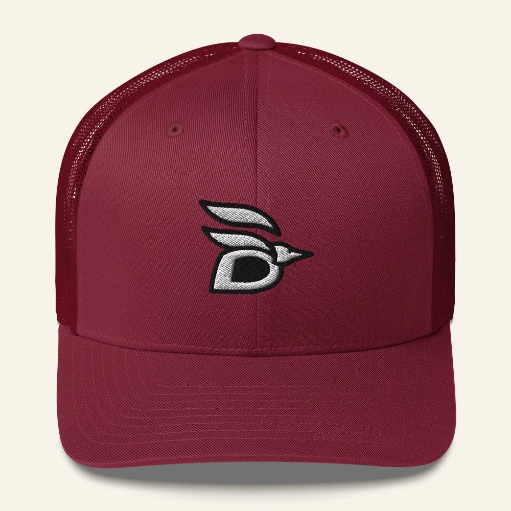 Birdline Logo Trucker Hat in Cranberry, front view