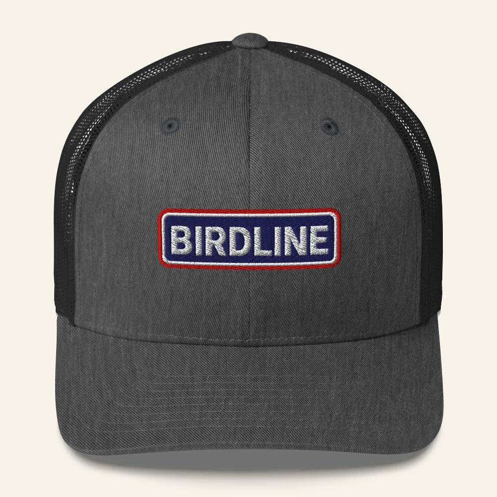 Birdline Heritage Bar Trucker Hat in Dark Heather Gray, front view