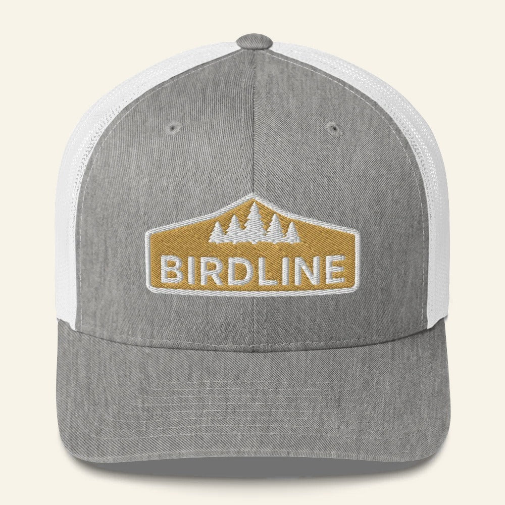 Birdline Golden Treeline Trucker Hat in Heather Grey/White, front view