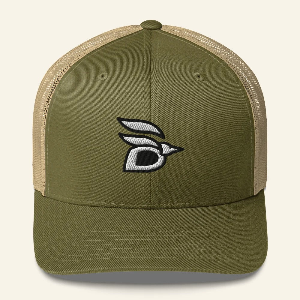 Birdline Logo Trucker Hat in Moss/Khaki, front view