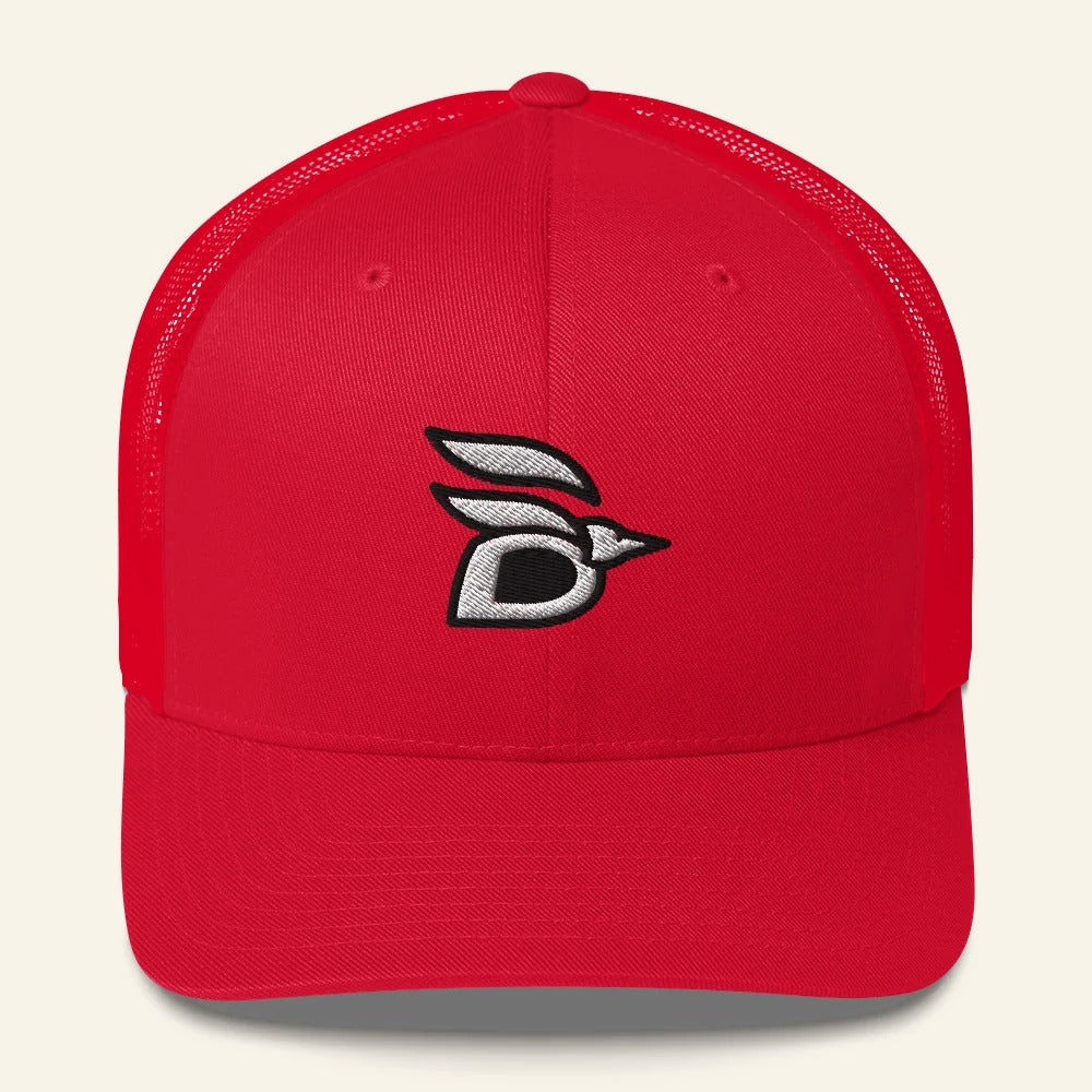 Birdline Logo Trucker Hat in Red, front view