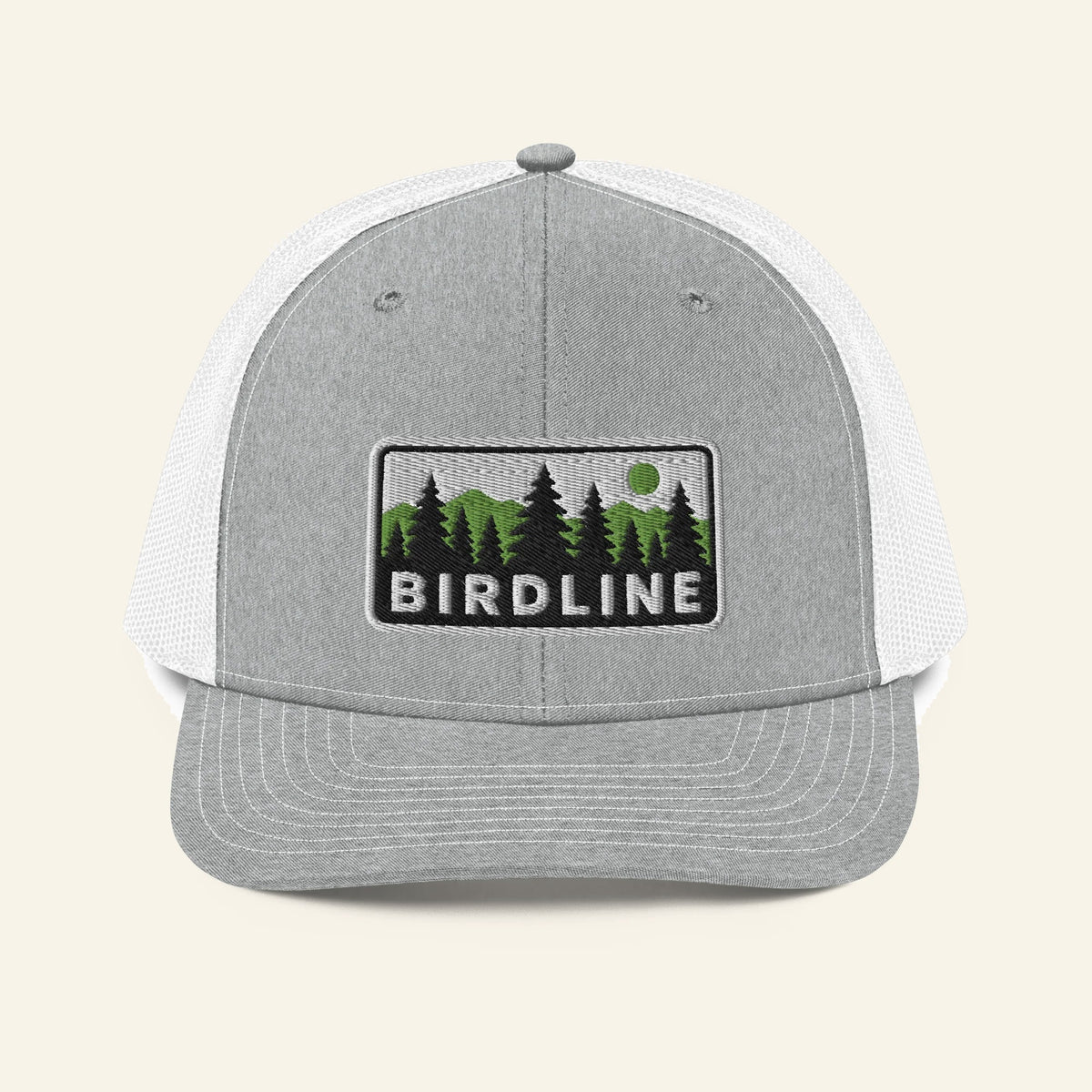 Birdline Pine Ridge Trucker Hat in Heather Grey/White, front view