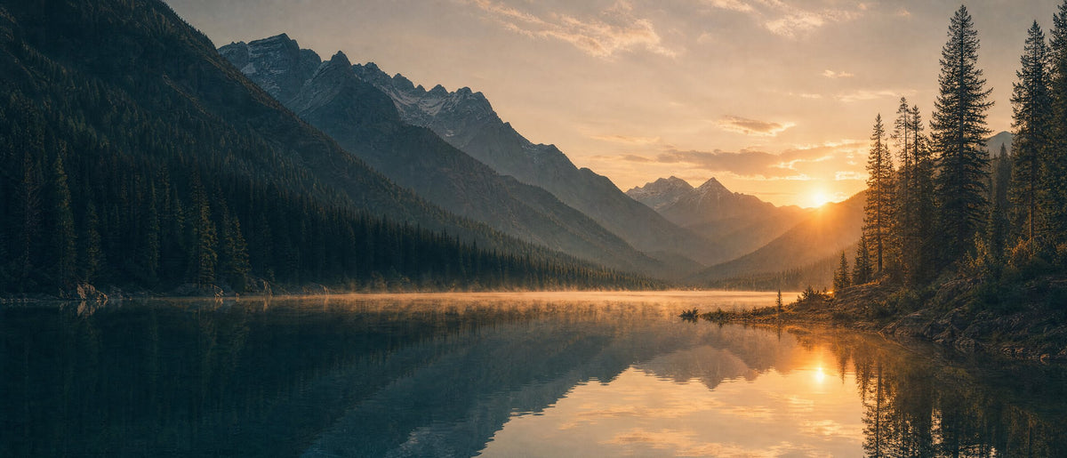 Still mountain lake at sunset with forested shores and layered ridges