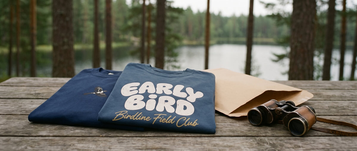 Two folded Birdline tees and a kraft mailer on a lakeside table