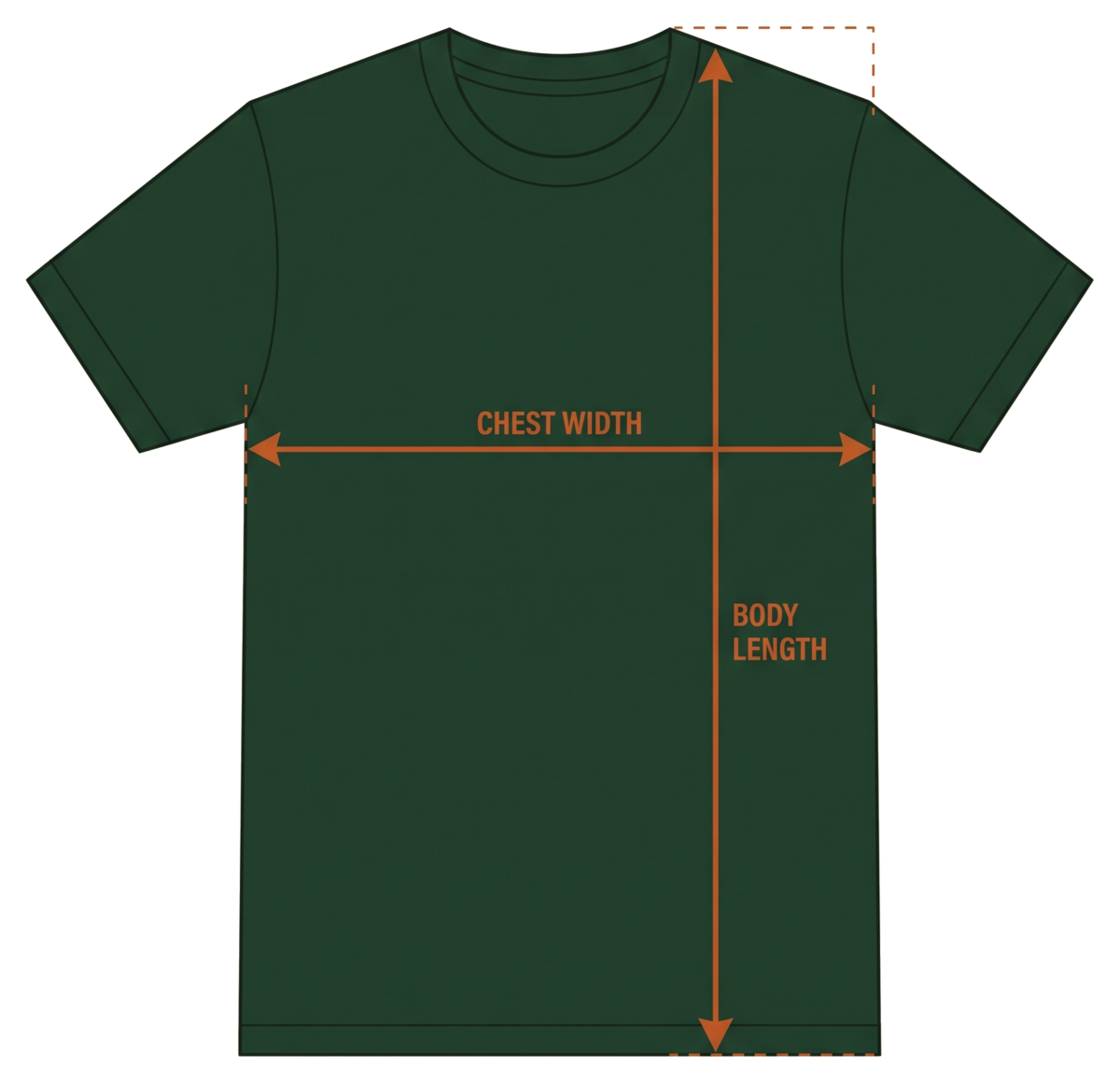 Tee diagram showing chest and length measurement points