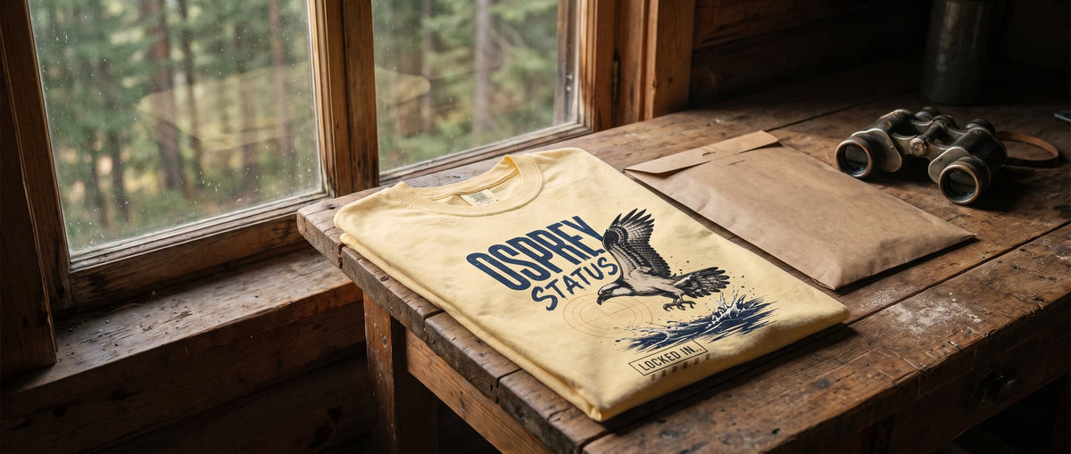 The Birdline Osprey Status tee folded on a wooden workbench beside a kraft mailer and binoculars