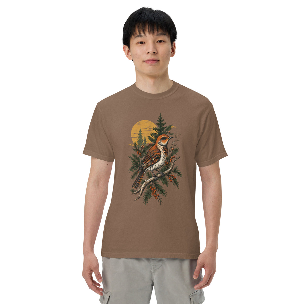 Terracotta Songbird T-Shirt in Espresso, front view premium-quality garment detail