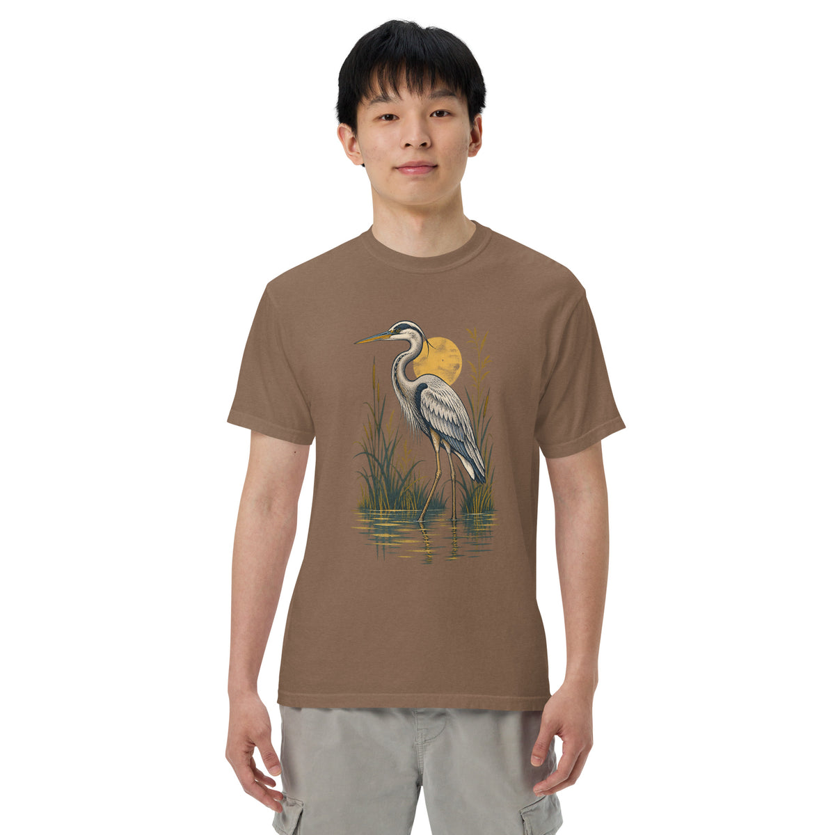 Marsh Heron T-Shirt in Espresso, front view premium-quality garment detail