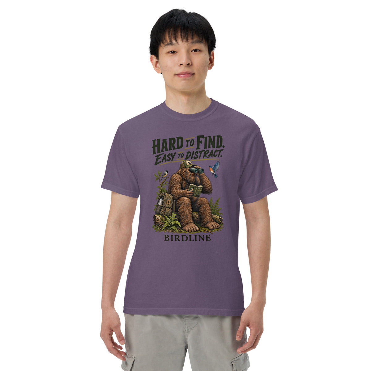 Hard to Find Easy to Distract Bigfoot T-Shirt in Grape, front view premium-quality garment detail