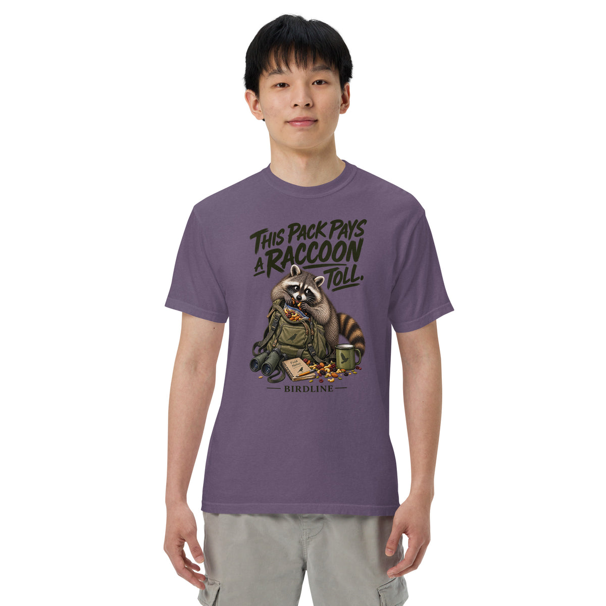 This Pack Pays a Raccoon Toll T-Shirt in Grape, front view premium-quality garment detail