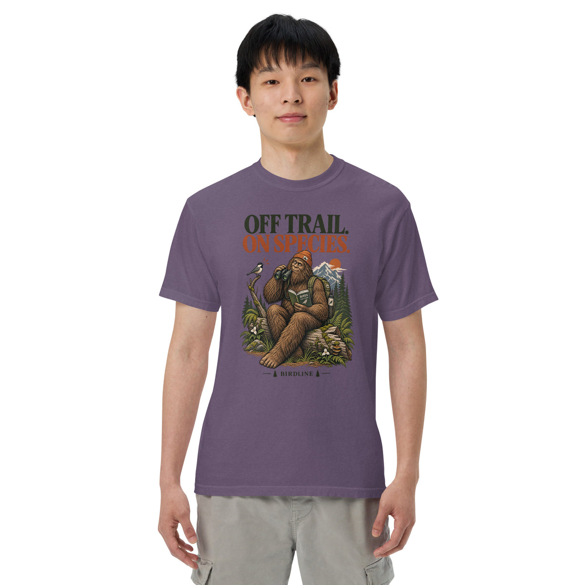 Off Trail On Species Bigfoot T-Shirt in Grape, front view premium-quality garment detail
