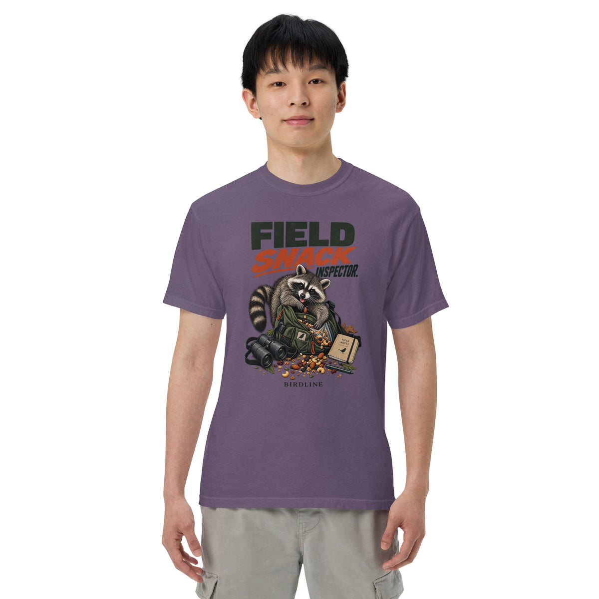 Field Snack Inspector Raccoon T-Shirt in Grape, front view premium-quality garment detail