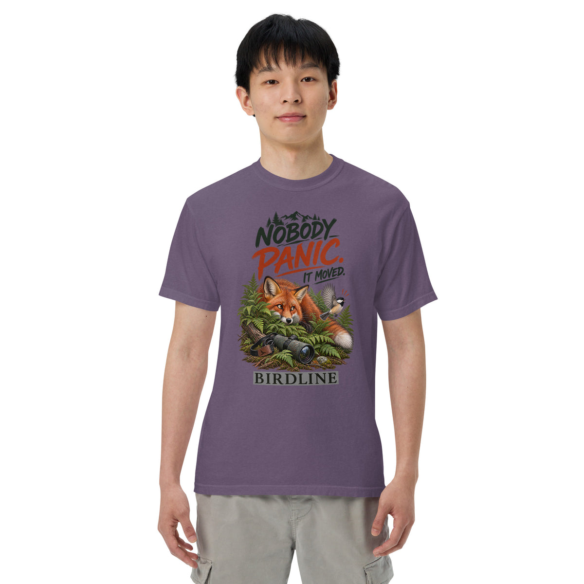 Nobody Panic It Moved Fox T-Shirt in Grape, front view premium-quality garment detail