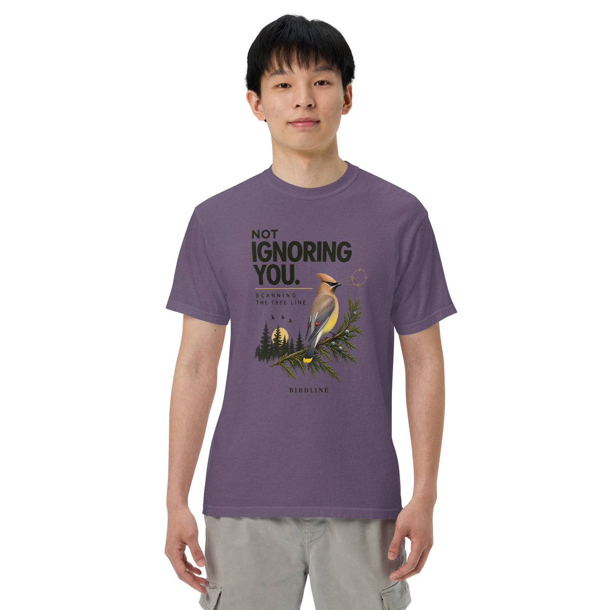 Not Ignoring You Scanning the Tree Line T-Shirt in Grape, front view premium-quality garment detail
