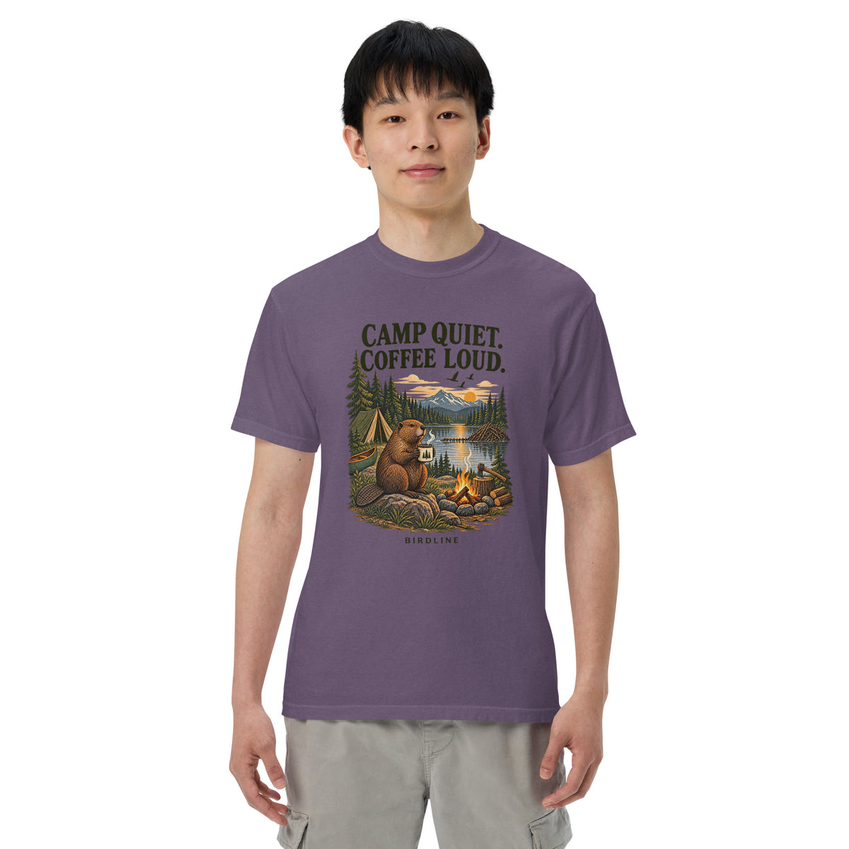 Camp Quiet Coffee Loud Beaver T-Shirt in Grape, front view premium-quality garment detail