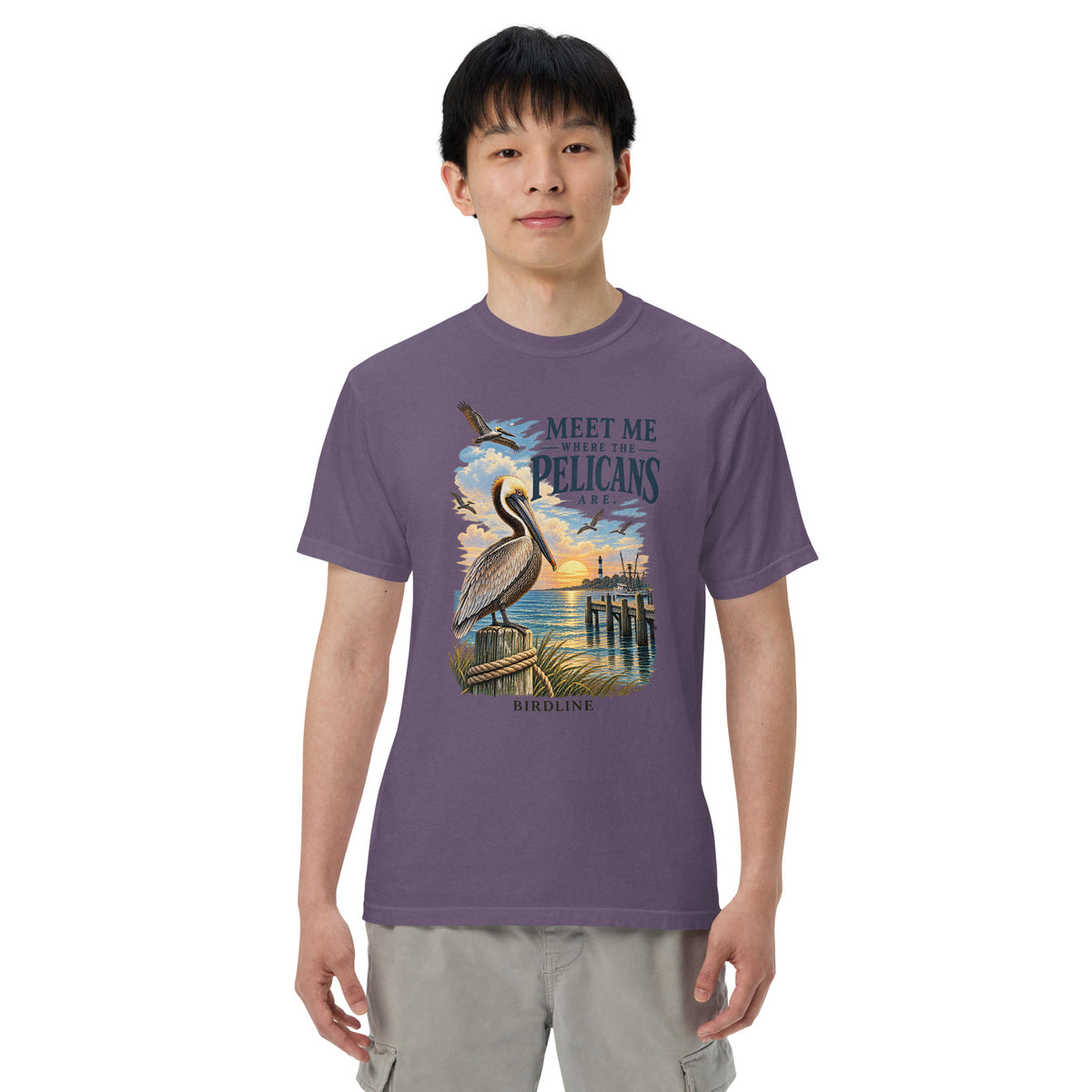 Meet Me Where the Pelicans Are T-Shirt in Grape, front view premium-quality garment detail