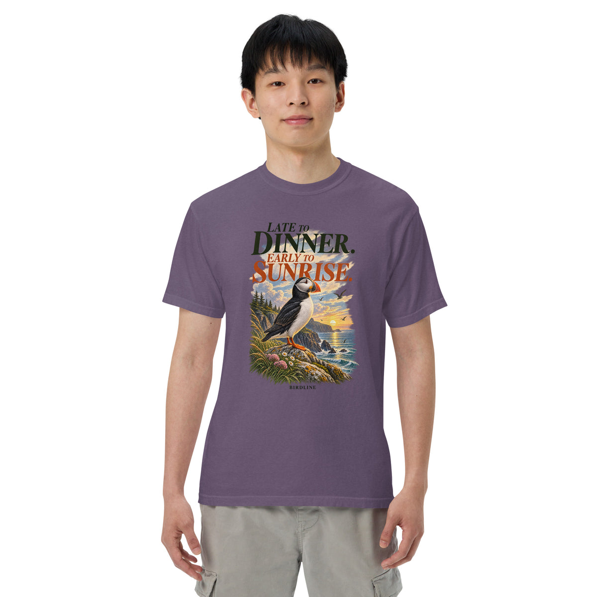 Late to Dinner Early to Sunrise Puffin T-Shirt in Grape, front view premium-quality garment detail