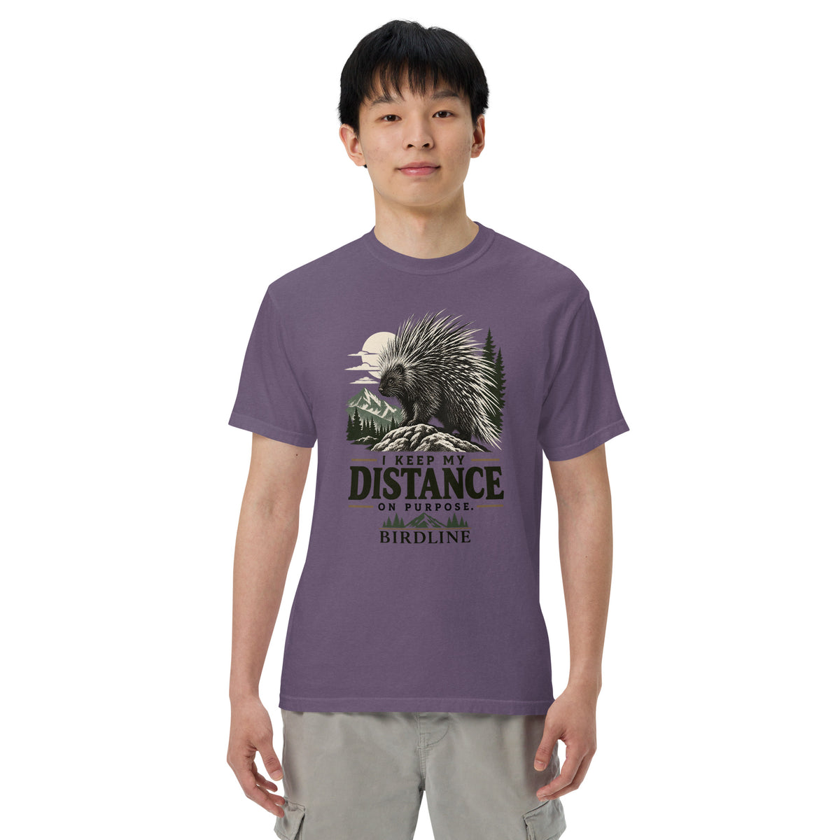 Keep My Distance on Purpose Porcupine T-Shirt in Grape, front view premium-quality garment detail