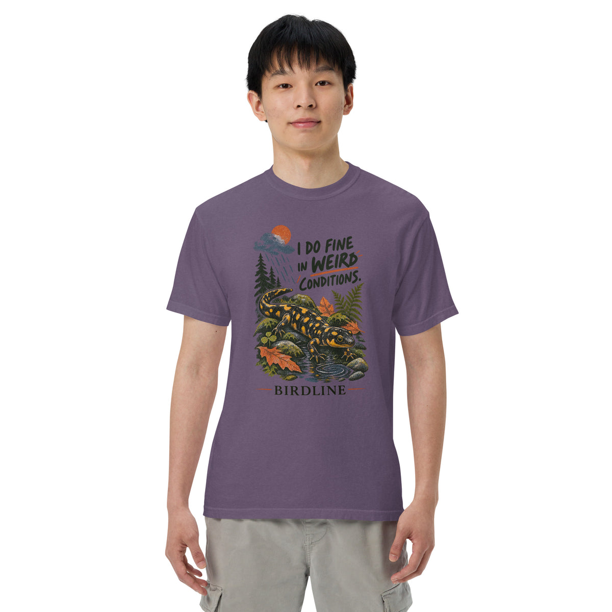 I Do Fine in Wet Conditions Salamander T-Shirt in Grape, front view premium-quality garment detail