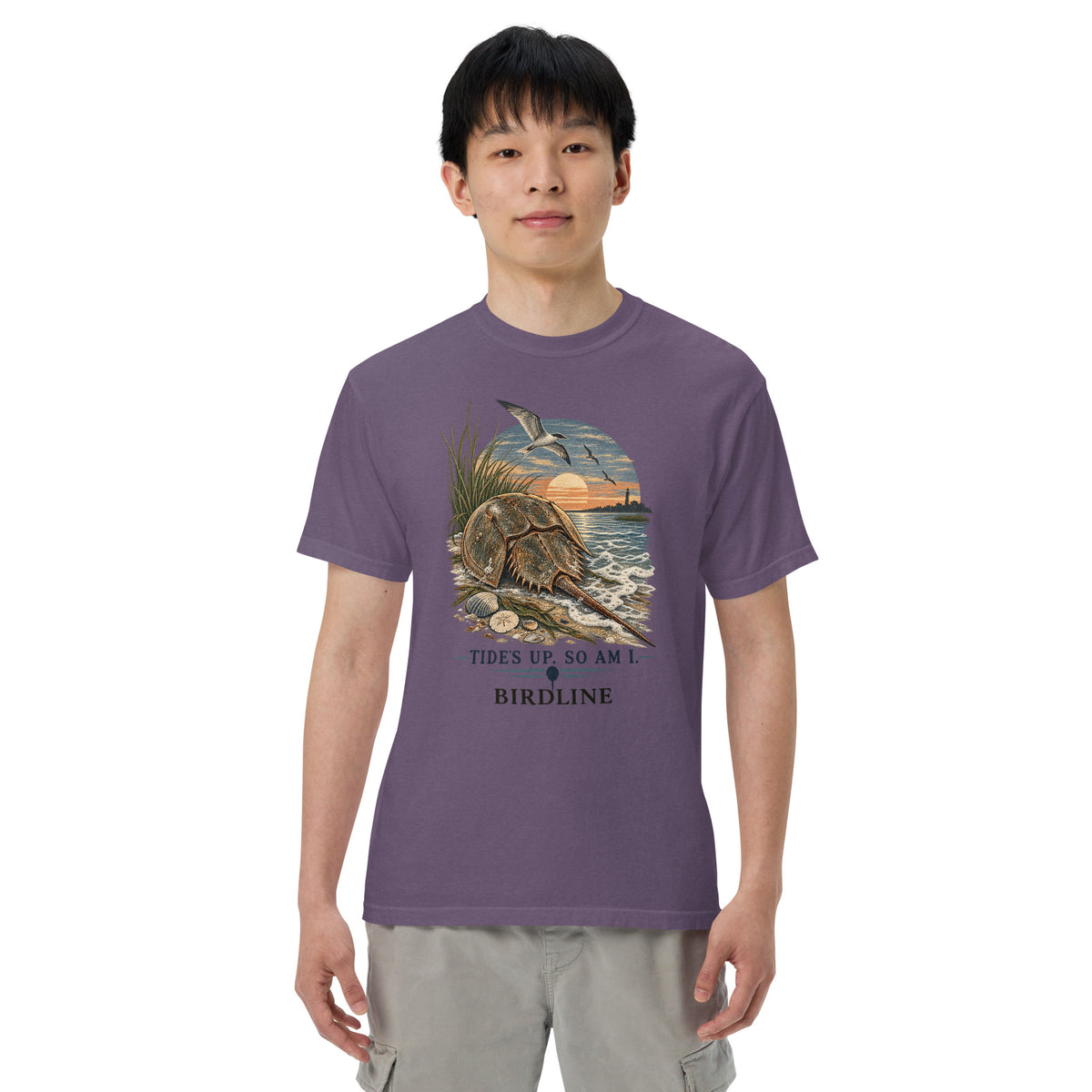 Tides Up Horseshoe Crab T-Shirt in Grape, front view premium-quality garment detail
