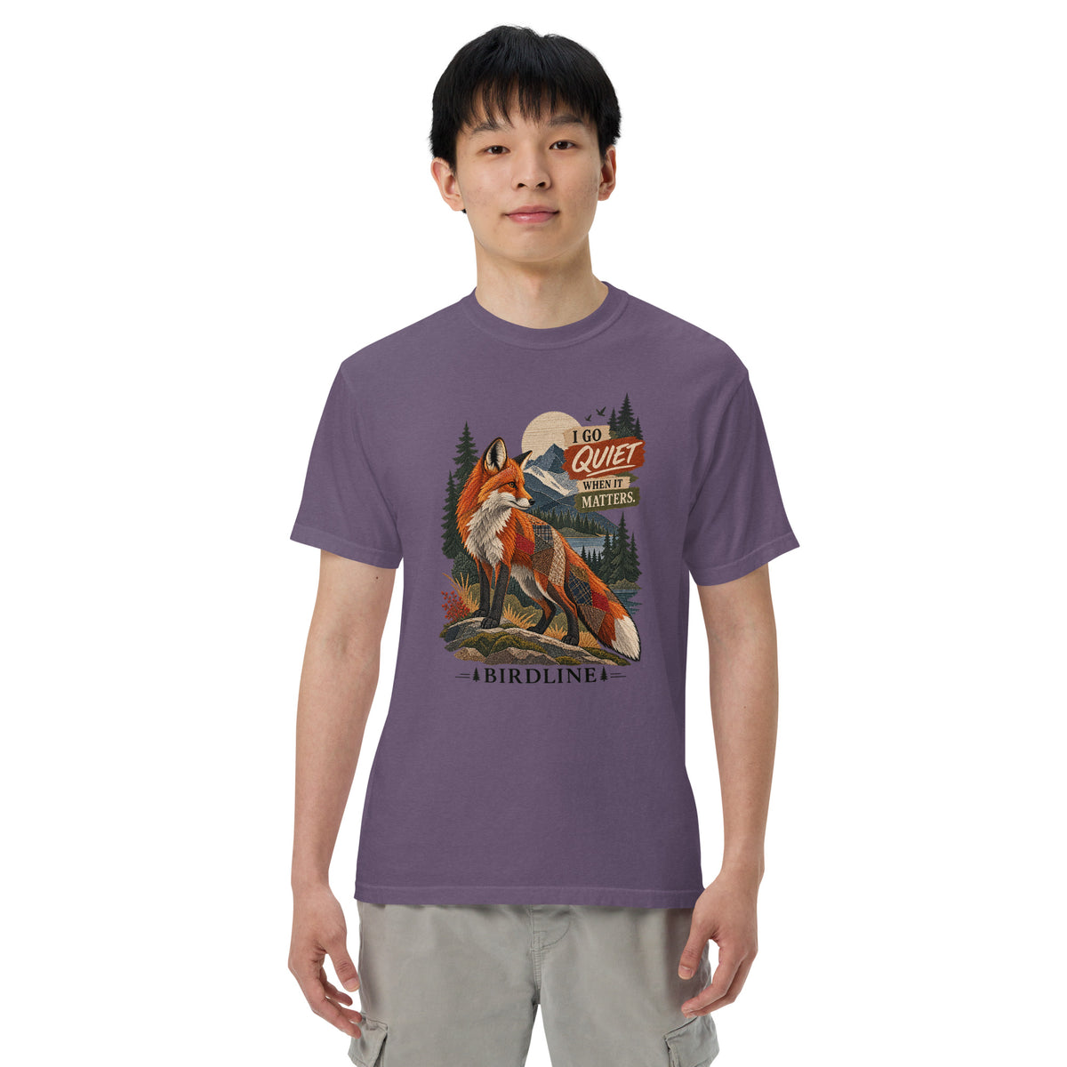 I Go Quiet When It Matters Fox T-Shirt in Grape, front view premium-quality garment detail