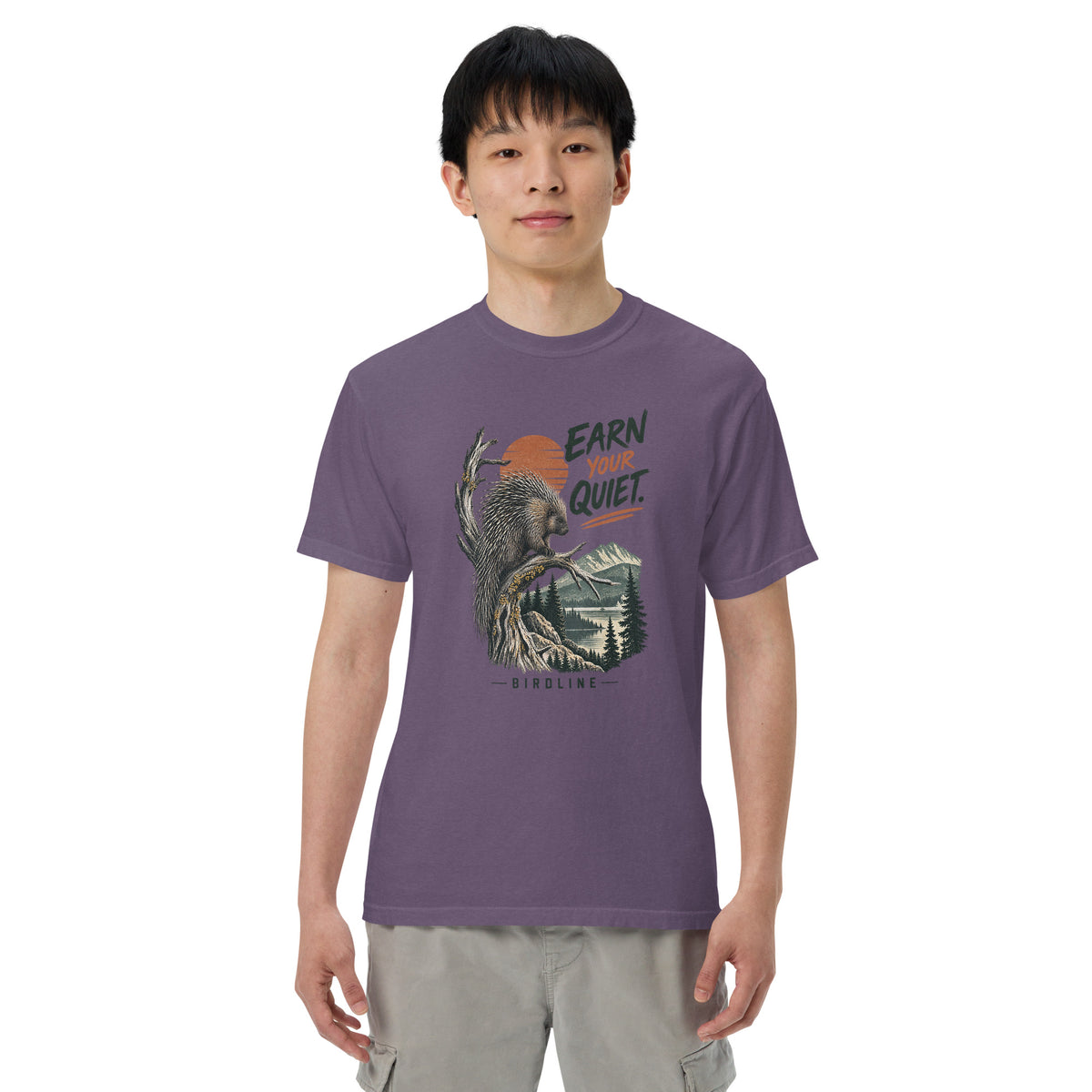 Earn Your Quiet Porcupine T-Shirt in Grape, front view premium-quality garment detail