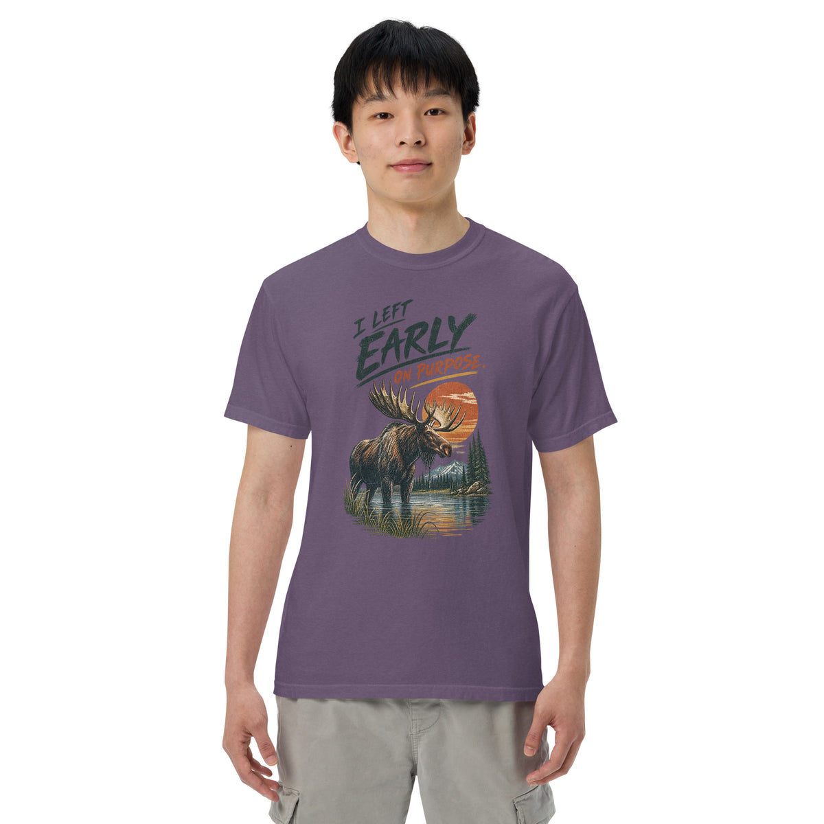 I Left Early on Purpose Moose T-Shirt in Grape, front view premium-quality garment detail