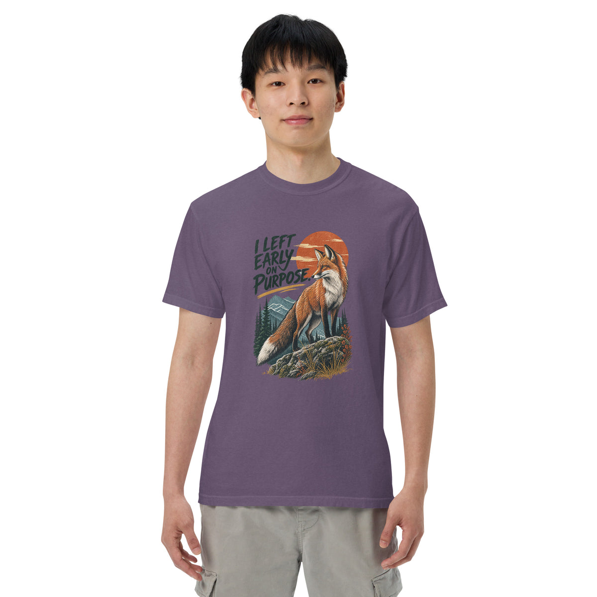 I Left Early on Purpose Fox T-Shirt – Sunset in Grape, front view premium-quality garment detail