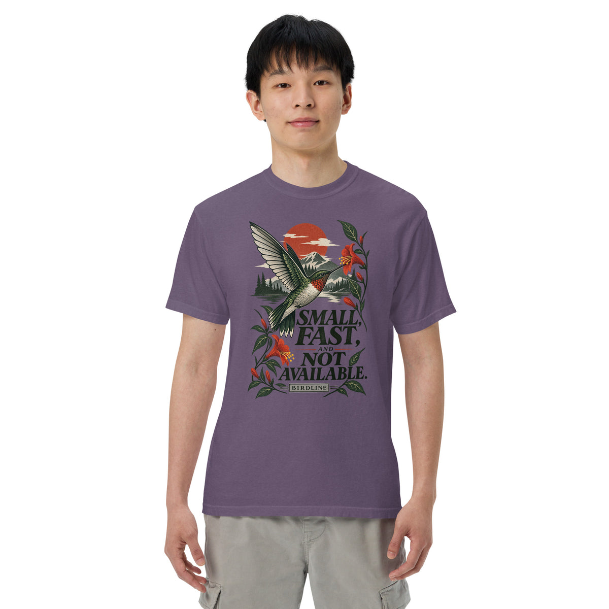 Small Fast and Not Available Hummingbird T-Shirt in Grape, front view premium-quality garment detail