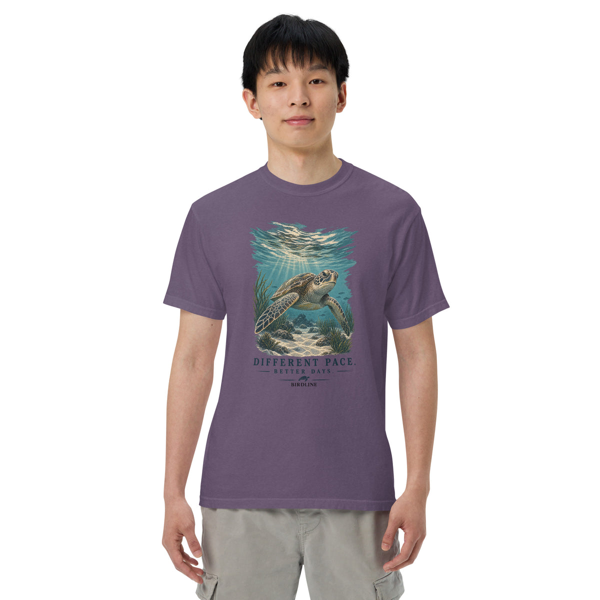 Different Pace Better Days Turtle T-Shirt in Grape, front view premium-quality garment detail