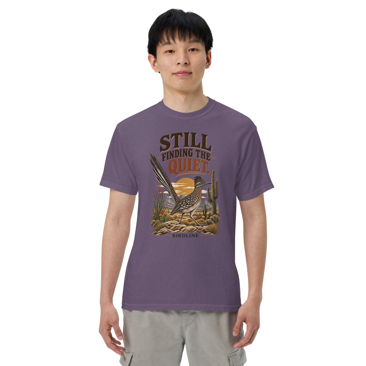 Still Finding the Quiet Roadrunner T-Shirt in Grape, front view premium-quality garment detail