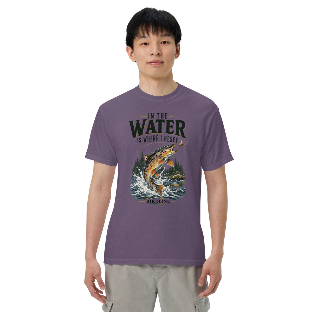 In the Water Is Where I Reset Trout T-Shirt in Grape, front view premium-quality garment detail