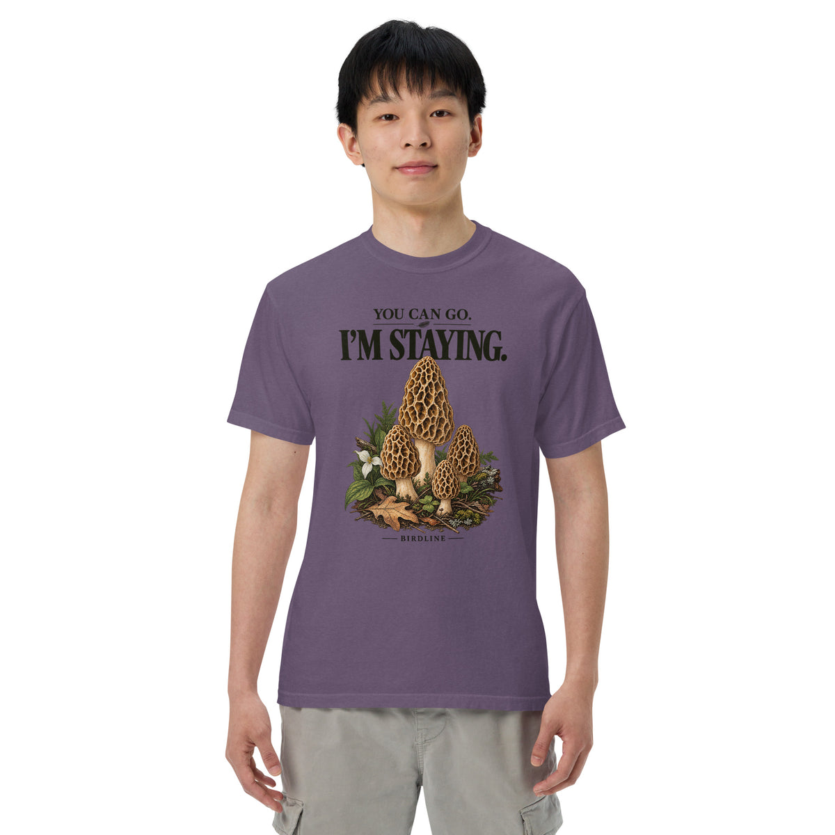 You Can Go I'm Staying Morel Mushrooms T-Shirt in Grape, front view premium-quality garment detail