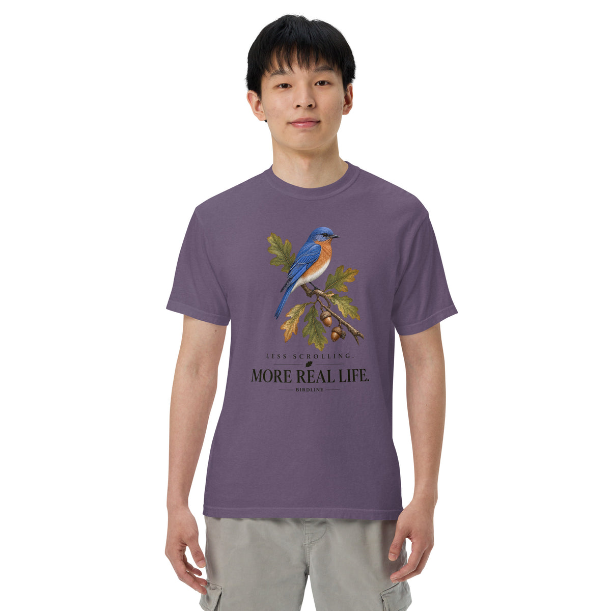 Less Scrolling More Real Life Bluebird T-Shirt in Grape, front view premium-quality garment detail