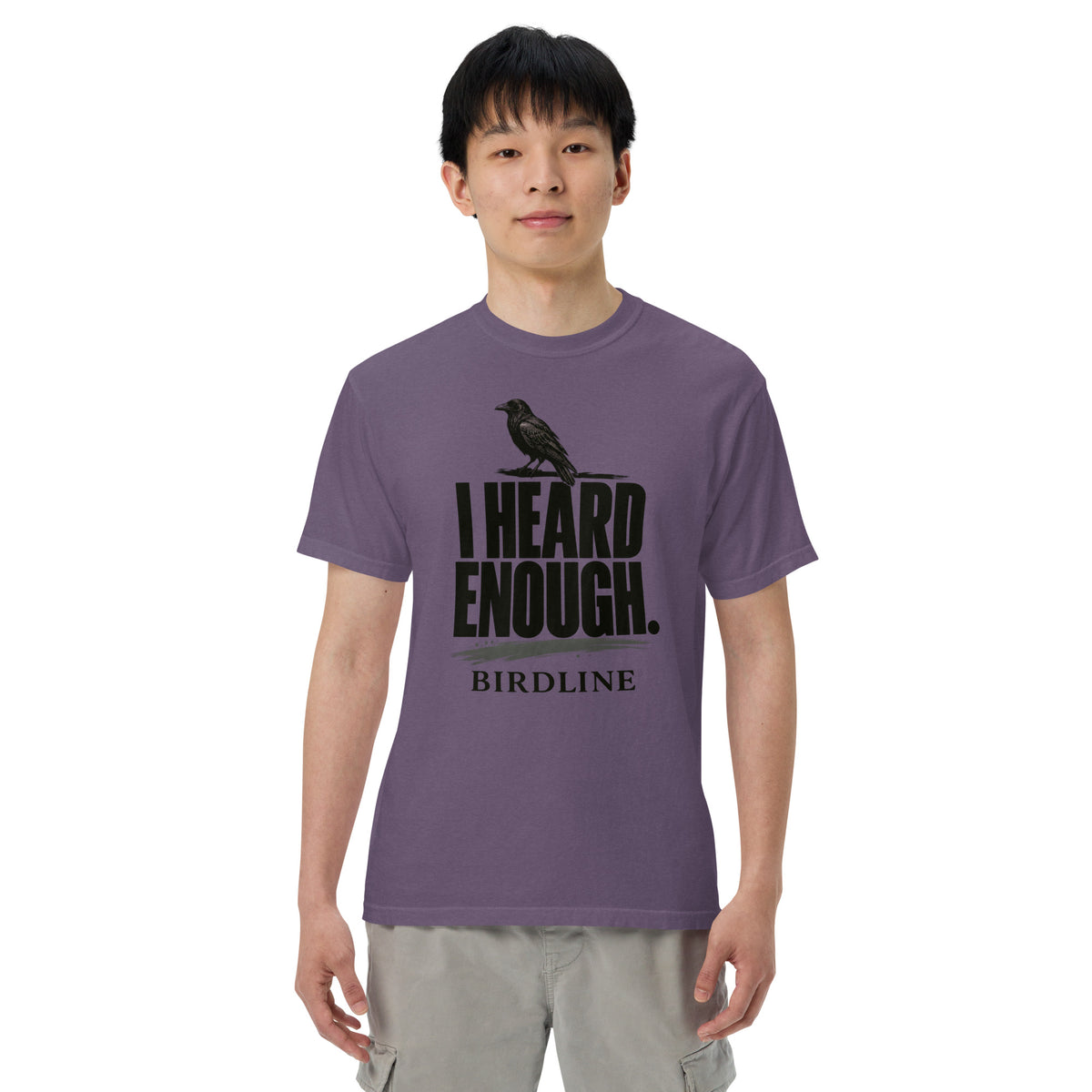 Heard Enough Raven T-Shirt – Perched in Grape, front view premium-quality garment detail