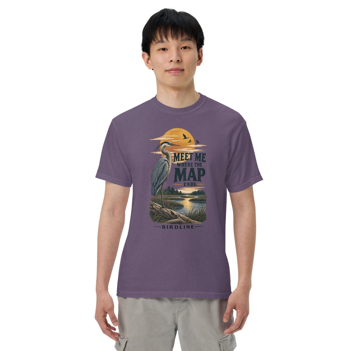 Meet Me Where the Map Ends Heron T-Shirt in Grape, front view premium-quality garment detail