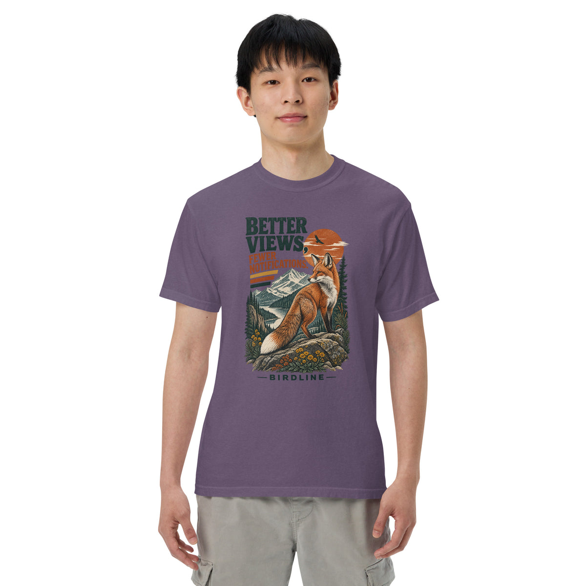 Better Views Fewer Notifications Fox T-Shirt in Grape, front view premium-quality garment detail