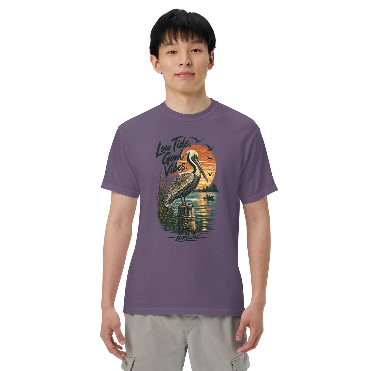 Low Tide Good Vibes Pelican T-Shirt in Grape, front view premium-quality garment detail