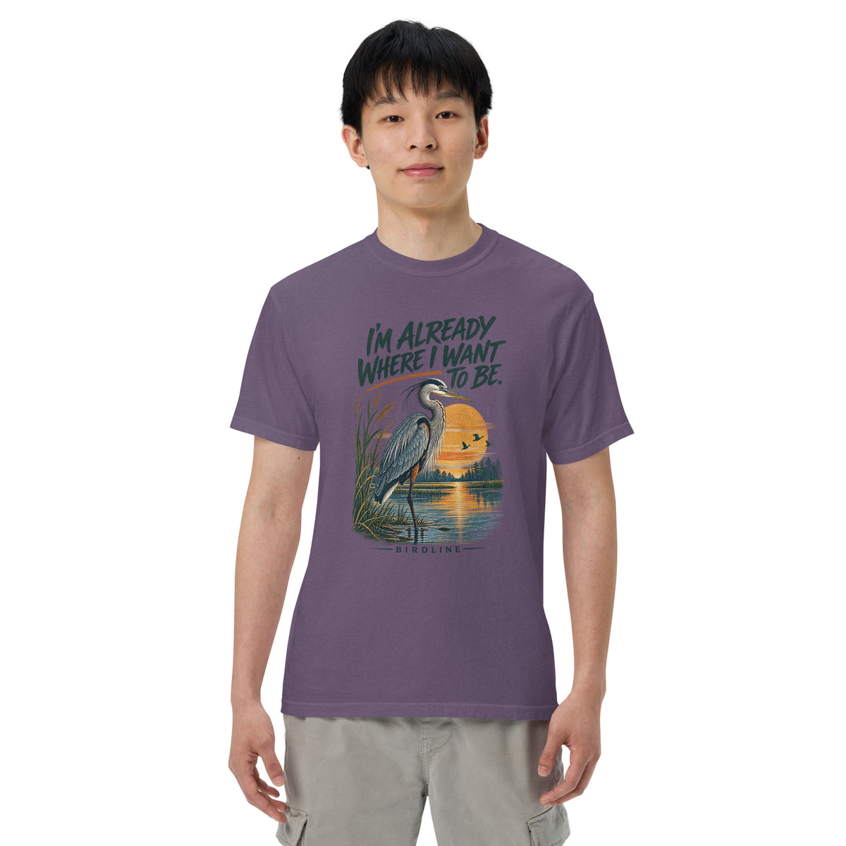 I'm Already Where I Want to Be Heron T-Shirt in Grape, front view premium-quality garment detail