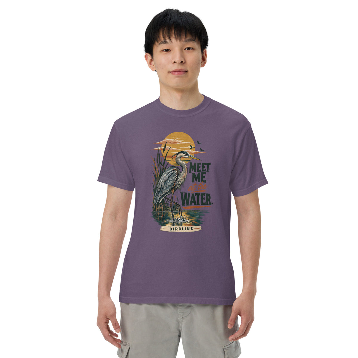 Meet Me at the Water Heron T-Shirt in Grape, front view premium-quality garment detail