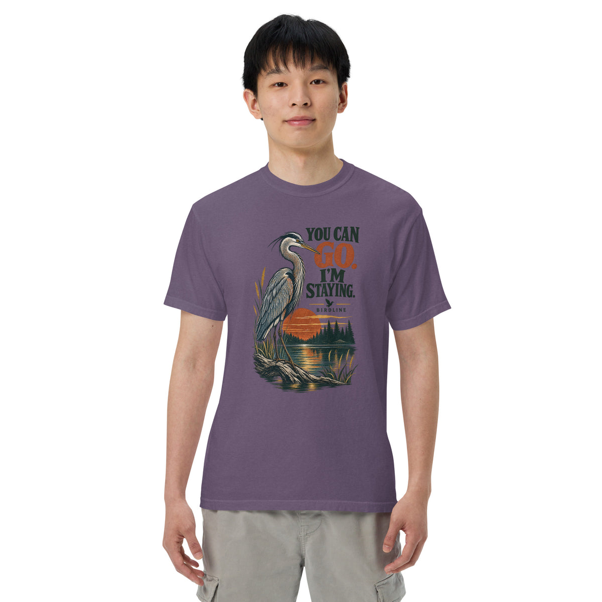 You Can Go I'm Staying Heron T-Shirt in Grape, front view premium-quality garment detail