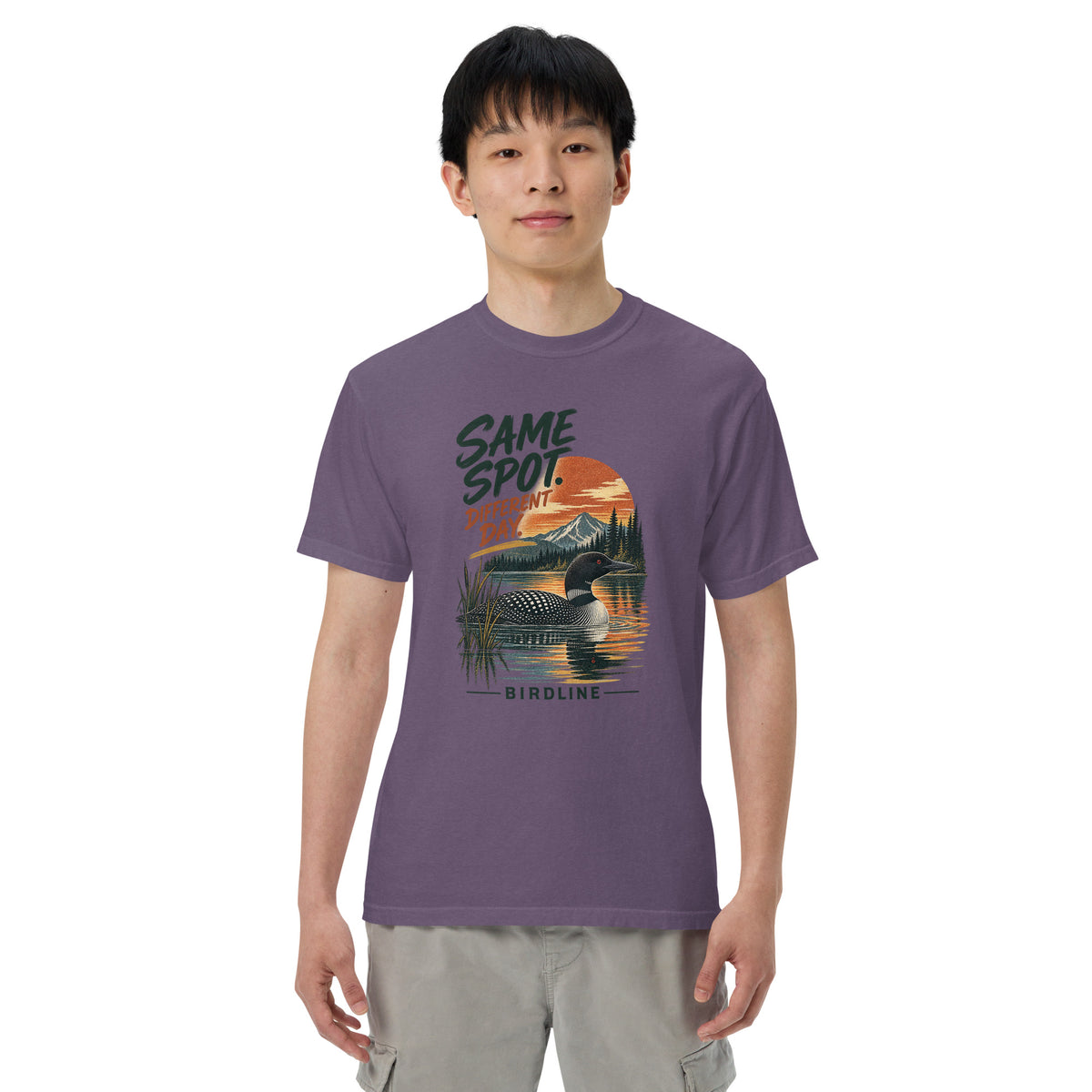 Same Spot Different Day Loon T-Shirt in Grape, front view premium-quality garment detail