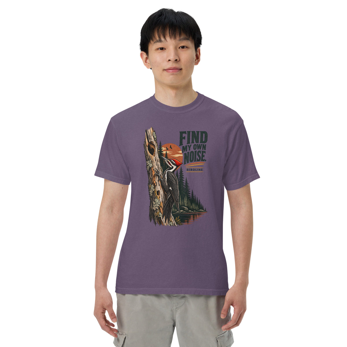 I Find My Own Noise Woodpecker T-Shirt in Grape, front view premium-quality garment detail