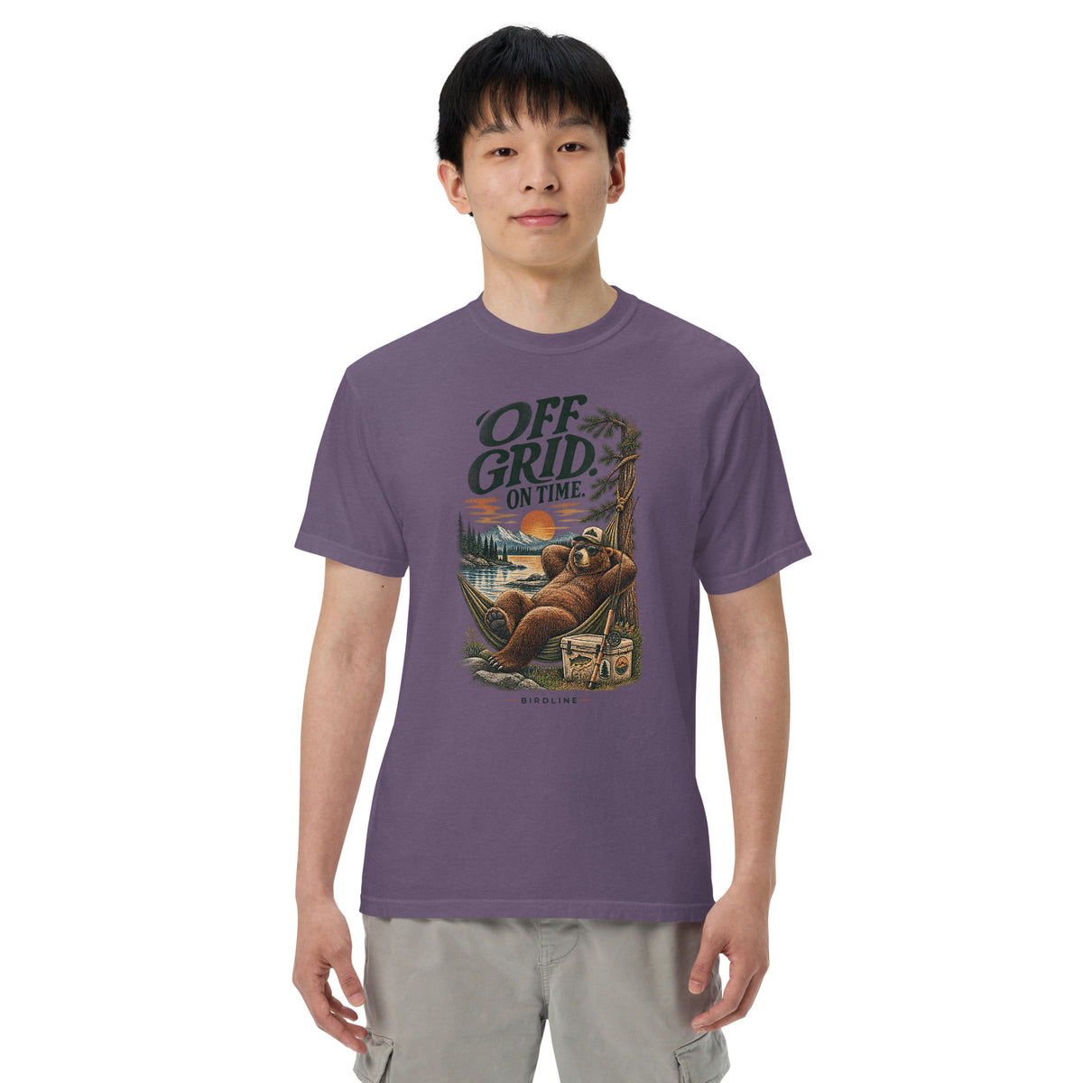 Off Grid on Time Bear Hammock T-Shirt in Grape, front view premium-quality garment detail