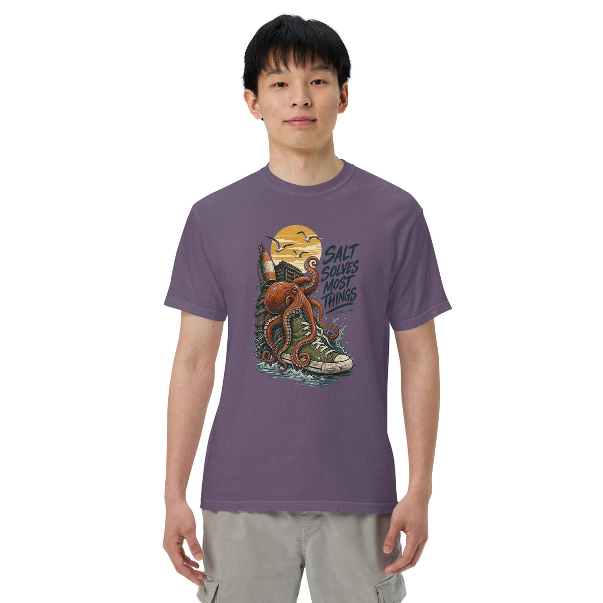 Salt Solves Most Things Octopus Boot T-Shirt in Grape, front view premium-quality garment detail